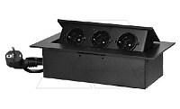 Блок розеточный встраиваемый 3x2P+E со шторками, кабель 1,5м, 3600вт, острый край, черный (стикерованный)