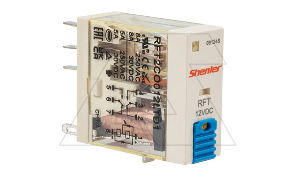 Реле RFT2CO012LTD1, 2CO, 8A(250VAC/30VDC), 12VDC, мех. индикация, тест-кнопка с блокировкой, диод +A1/-A2, LED