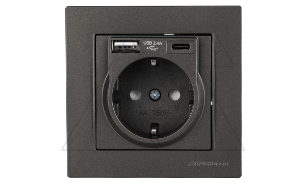 Rita - Розетка 2P+E, USB Type A, USB Type С, 2,4A (однопостовой монтаж в комплекте с рамкой), дымчатый Rita - Розетка 2P+E, USB Type A, USB Type С, 2,4A (однопостовой монтаж в комплекте с рамкой), дымчатый