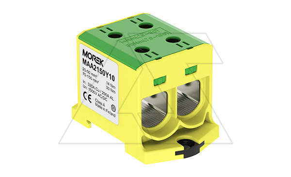 Клемма Morek OTL150-2 желто-зеленая, 2xAl/Cu 25_150mm², 320(CU)/290(AL)A на клемму, 1000V, винтовые зажимы