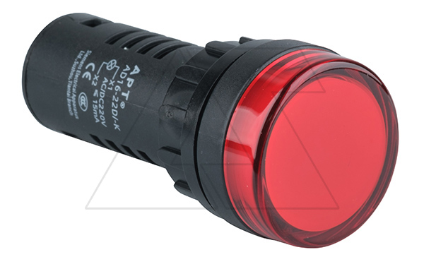 Индикатор светодиодный моноблочный AD16-22D, красный, LED 220VAC/DC, фильтр 30V, IP65, 22mm