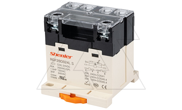 Реле RGF2BD024LS, 2NO, 40A(250VAC/30VDC), 24VDC, LED, на рейку DIN35/панель, винтовое подключение