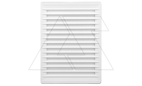 Решетка вентиляционная с косыми ламелями, с сеткой, прямоугольная, 230х172мм, с выводом 210x140мм, пластик, белый