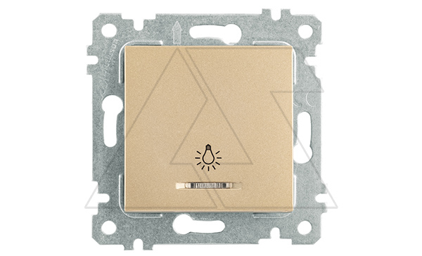 Rita - Выключатель кнопочный с подсветкой, символ - лампа, пруж. зажимы, золото доре Rita - Выключатель кнопочный с подсветкой, символ - лампа, пруж. зажимы, золото доре