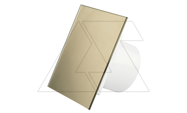 Вентилятор с декор. панелью dRim DTS, Ø125мм, задержка вкл., таймер откл., вал на подш., ~230В, 10Вт, 140м³/ч, стекло, атласное золото