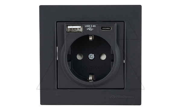 Rita - Розетка 2P+E, USB Type A, USB Type С, 2,4A (однопостовой монтаж в комплекте с рамкой), черный мат Rita - Розетка 2P+E, USB Type A, USB Type С, 2,4A (однопостовой монтаж в комплекте с рамкой), черный мат