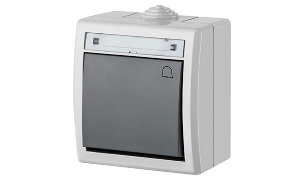 AQUANT - Выключатель кнопочный с пиктограммой "звонок", 10A/250V, ABS ,UV, IP55, корпус RAL7035/кнопка RAL7043 AQUANT - Выключатель кнопочный с пиктограммой "звонок", 10A/250V, ABS ,UV, IP55, корпус RAL7035/кнопка RAL7043