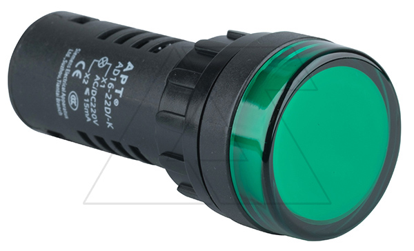 Индикатор светодиодный моноблочный AD16-22D, зеленый, LED 220VAC/DC, фильтр 30V, IP65, 22mm