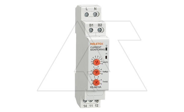 Реле контроля тока RS-MI10A, однофазное, In=10A(1_10A), 1CO, 8A(250VAC), 230VAC, Imax, Ton/off 1_6s/0.5_10s, память ошибки, 1M