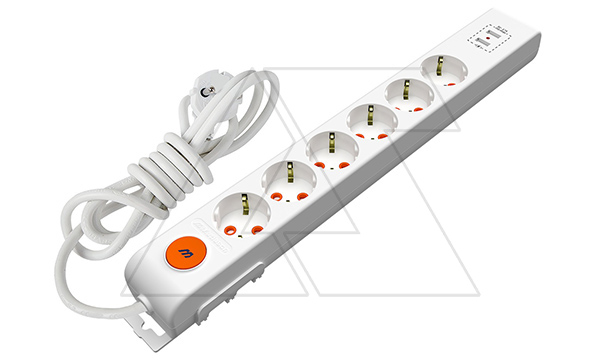 Ri-tech - Удлинитель 6x2P+E, 2XUSB, нем. ст., со шторками, выключатель, кабель 3x1,5мм², 2м, белый