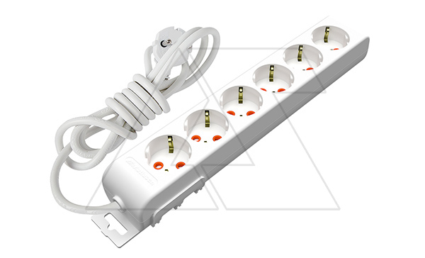 Ri-tech - Удлинитель 6x2P+E, нем. ст., со шторками, кабель 3x1,5мм², 3м, белый