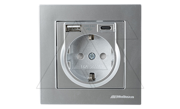 Rita - Розетка 2P+E, USB Type A, USB Type С, 2,4A (однопостовой монтаж в комплекте с рамкой), нерж. сталь Rita - Розетка 2P+E, USB Type A, USB Type С, 2,4A (однопостовой монтаж в комплекте с рамкой), нерж. сталь
