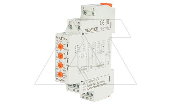 Реле контроля напряжения RS-MV36M, 3P/3P+N, 2CO, 266_540VAC(L-L)/ 154_312VAC(L-N), Umin и Umax, 0,1-10s, обрыв, чередование, 1M