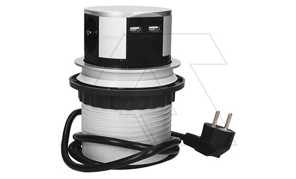 Блок розеточный встраиваемый выдвижной d=100мм, 2хUSB 5V 2,4A + 3x2P+E со шторками, 3680вт, кабель 1,5м, алюминий (стикерованный) Блок розеточный встраиваемый выдвижной d=100мм, 2хUSB 5V 2,4A + 3x2P+E со шторками, 3680вт, кабель 1,5м, алюминий (стикерованный)