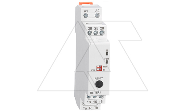 Реле термисторной защиты двигателя RS-TER1, 24-240V AC/DC, 2CO, 8A(250V), авт./ручн. или дистанц. сброс, PTC/TK, LED, 1M