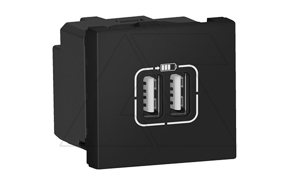 Mosaic - Розетка 2xUSB Type A, 2М, 5V, 2400mA, винт. зажимы, черная Mosaic - Розетка 2xUSB Type A, 2М, 5V, 2400mA, винт. зажимы, черная