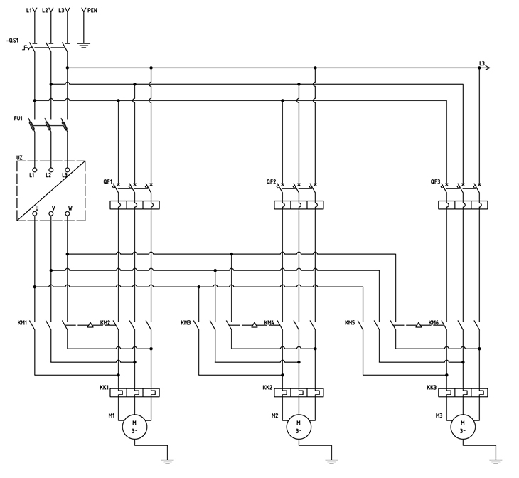 Принципиальная электрическая схема для режима SPFC подключения питания 3-х двигателей (насосов)