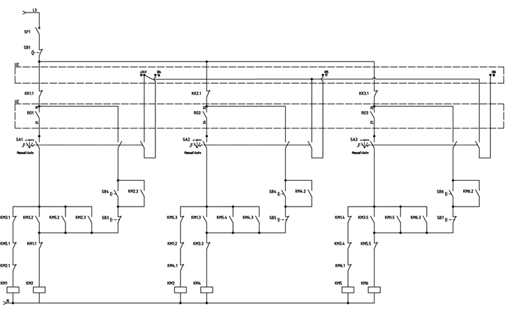 Принципиальная электрическая схема цепей управления для режима SPFC для 3-х двигателей (насосов)