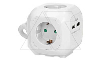 Удлинитель куб, 2хUSB 5V 2,1A + 4x2P+E, со шторками, нем. стандарт, с возможностью накладного монтажа, кабель 1,4м, белый (стикерованный)