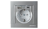 Rita - Розетка 2P+E, USB Type A, USB Type С, 2,4A (однопостовой монтаж в комплекте с рамкой), нерж. сталь