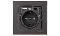 Rita - Розетка 2P+E, USB Type A, USB Type С, 2,4A (однопостовой монтаж в комплекте с рамкой), дымчатый