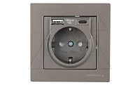 Rita - Розетка 2P+E, USB Type A, USB Type С, 2,4A (однопостовой монтаж в комплекте с рамкой), антрацит