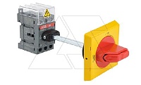Выкл. нагрузки OT25F3HY5X6ST1, 25A 3P с желто-красной выносной блок. рукояткой на 3 замка OHYS2AJ IP65 и осью OXS6X120